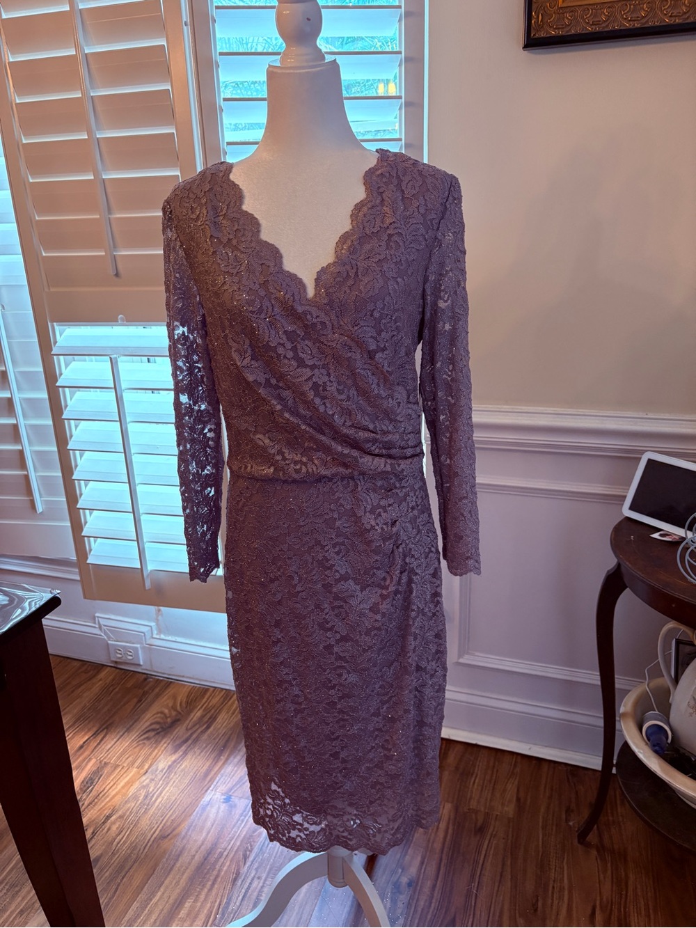 Jessica Howard Sparkling Lace Wrap Midi Dress in Mauve with beautiful